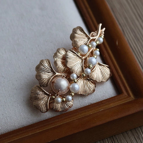 Gold Leaf and Pearl Hair Barrette with Tassels